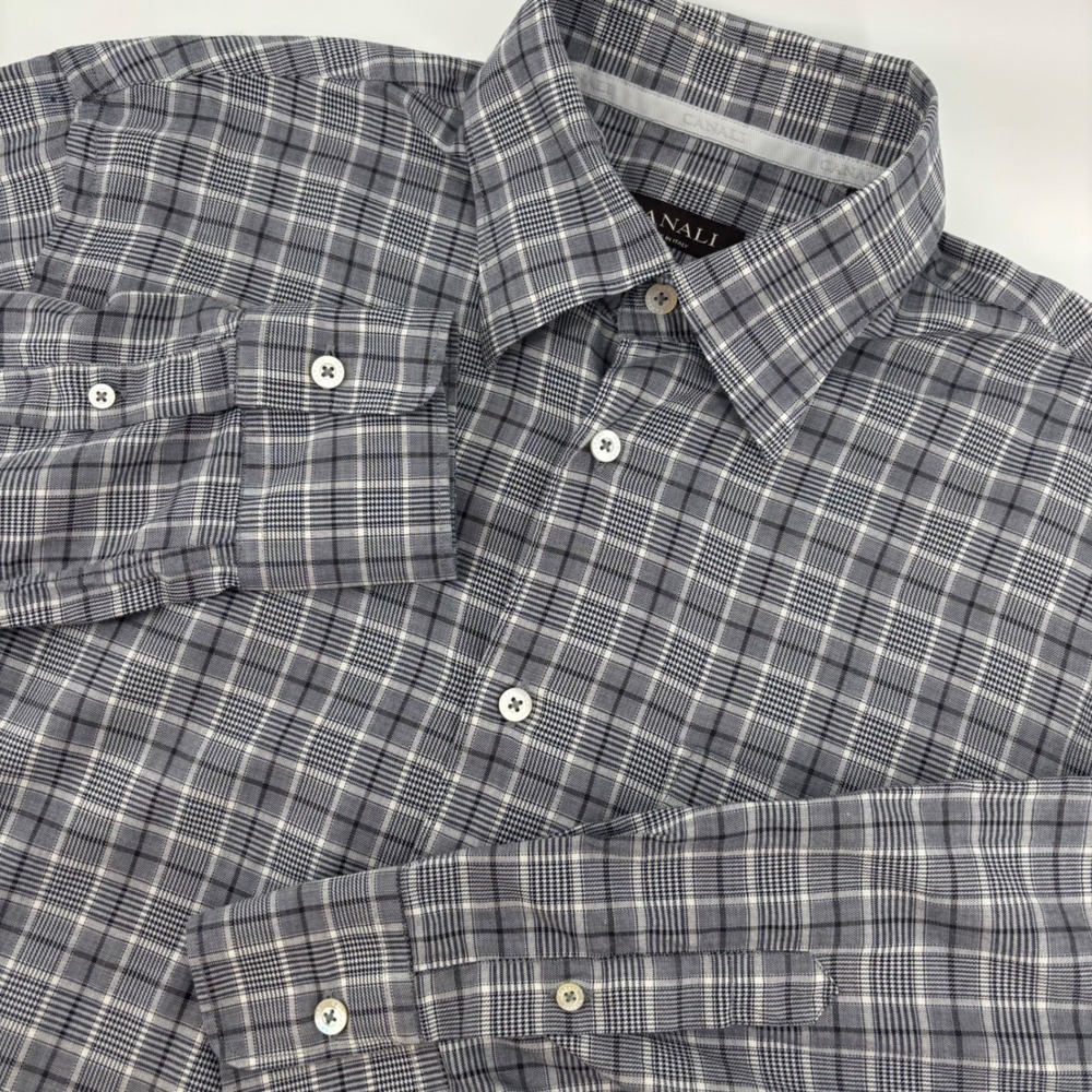 Canali Button Down Shirt Mens L Grey Excellent Glen Plaid Made in Italy Luxury